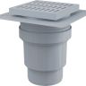 Сливной трап 150×150/110 мм прямой сток, решетка серая, воротник изоляции 2–го уровня, гидрозатвор мокрый Alcadrain APV11