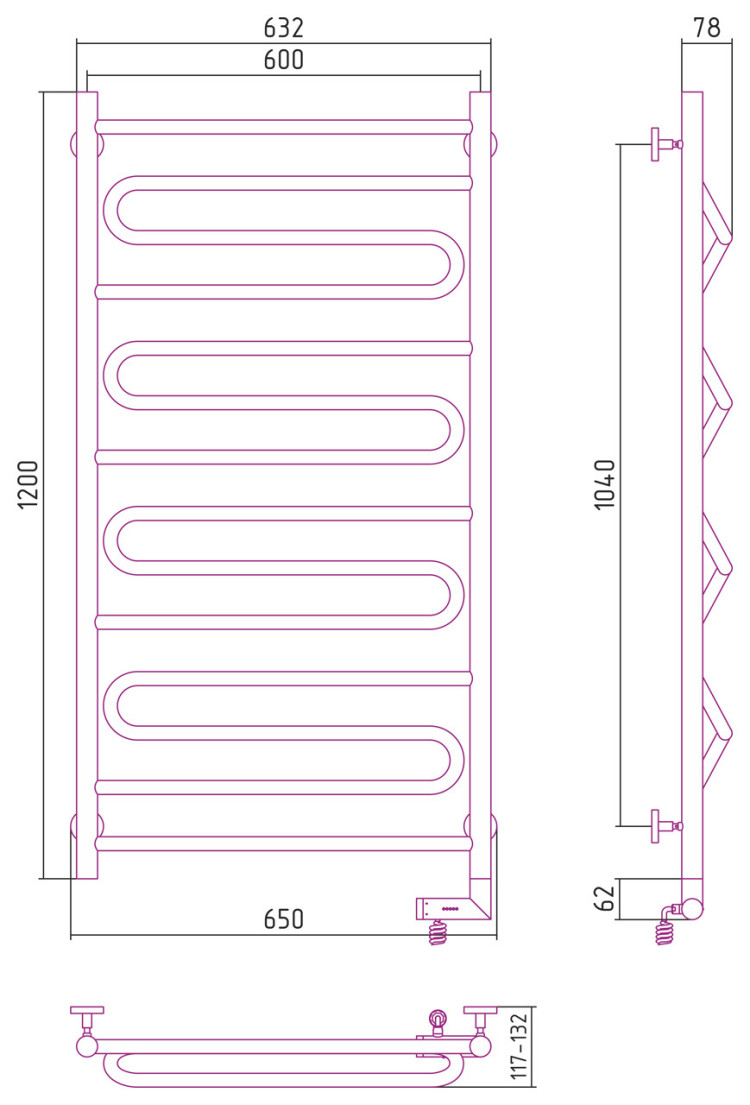 Полотенцесушитель электрический Сунержа Элегия 2.0 1200х600 МЭМ правый Без покрытия