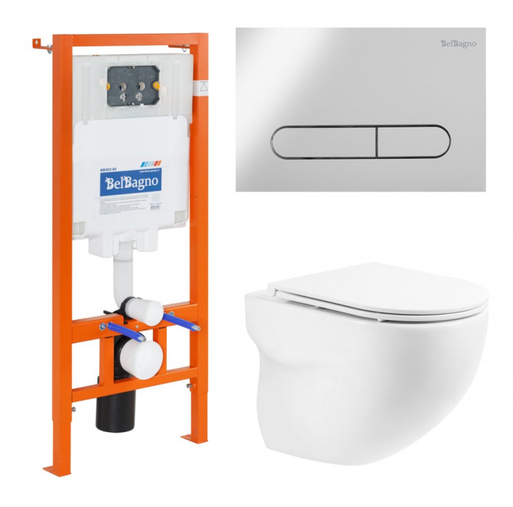 Унитаз подвесной с сиденьем BelBagno ONDA + Система инсталляции для унитазов с кнопкой смыва BB005-PR-CH Cezares BB066CHR/BB870SC/BB002-80/BB005-PR-CHROME