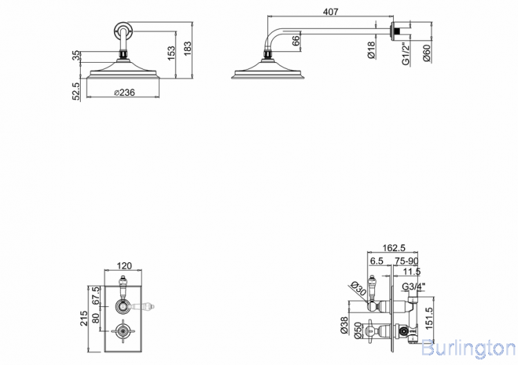 Душевая стойка с встроенным термостатом на 1 выпуск, верхняя лейка 9' [H400-ARC]