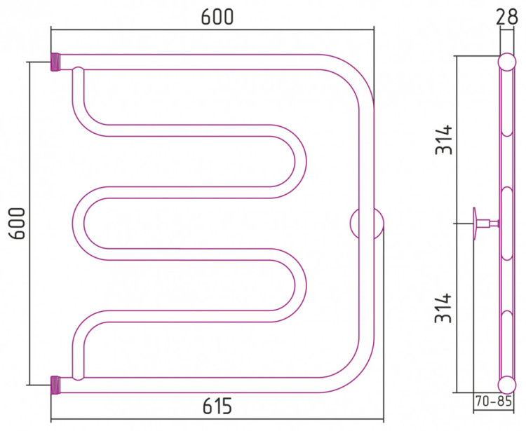 Полотенцесушитель водяной Стилье Тандем 600х600 резьба-сгон 1