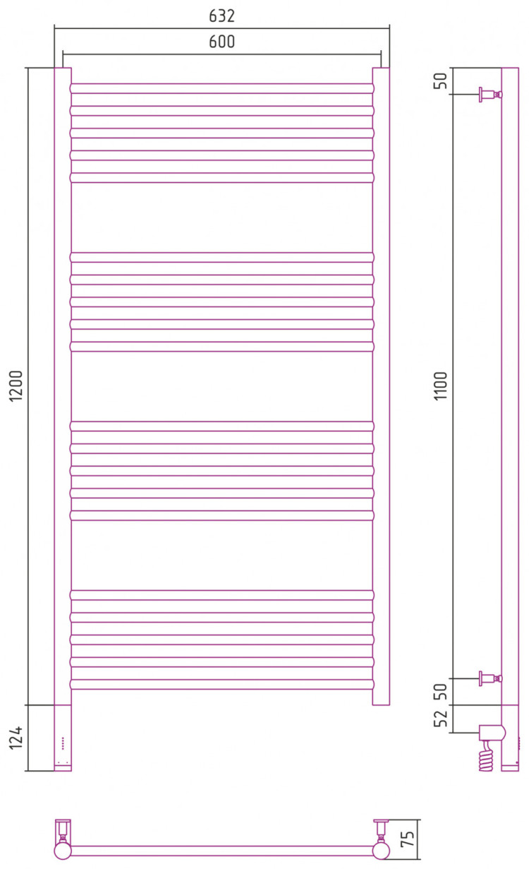 Полотенцесушитель электрический Сунержа Богема 3.0 прямая 1200х600 МЭМ левый Матовый белый