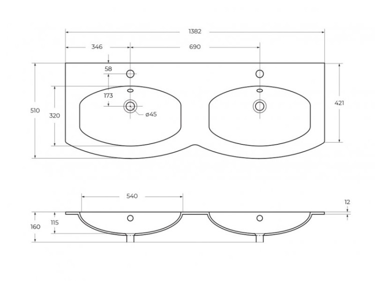 Раковина из искусственного мрамора с двумя чашами 50156 138x52x1,5 Cezares 50156