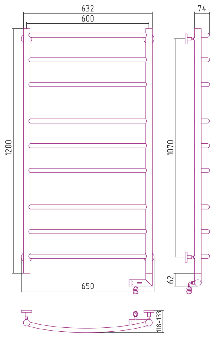 Полотенцесушитель электрический Сунержа Галант 2.0 1200х600 МЭМ правый Сатин