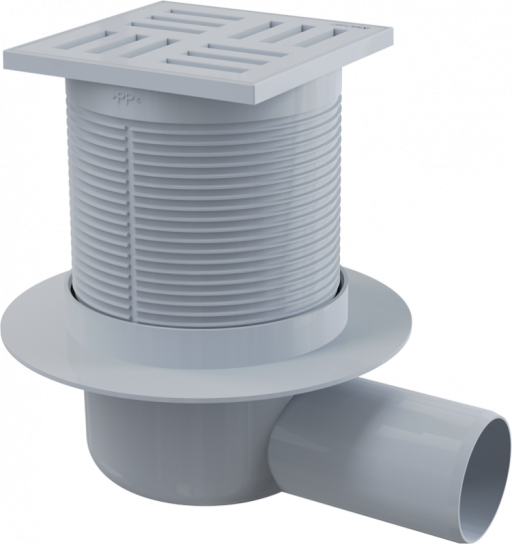 Сливной трап 105×105/50 мм боковой сток, решетка серая, гидрозатвор мокрый Alcadrain APV5111