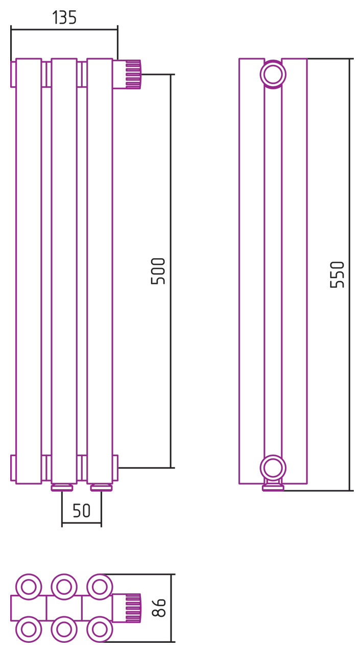 Отопительный радиатор Сунержа Эстет-00 EU50 500х135 3 секции Матовая шампань