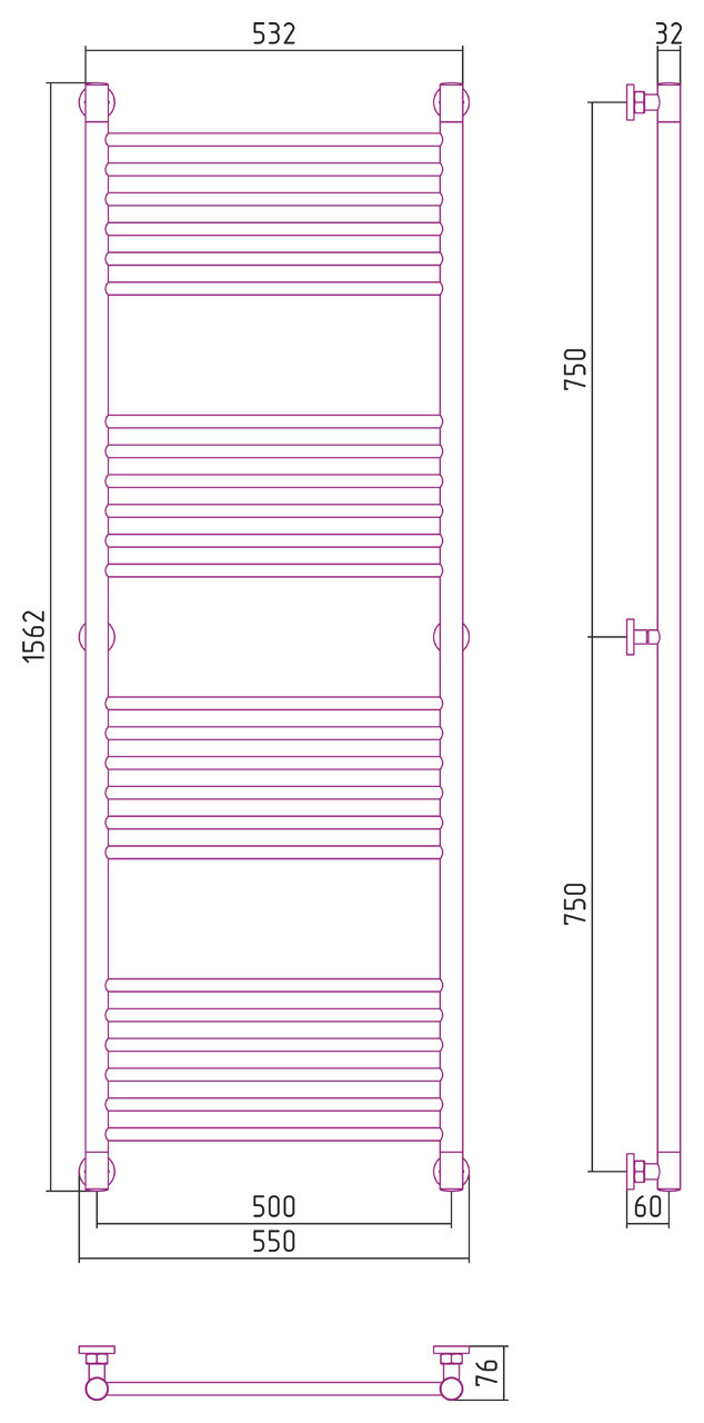 Полотенцесушитель водяной Сунержа Богема+ прямая 1500х500 Тёмный титан муар