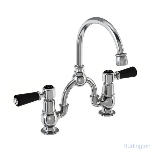 Смеситель для раковины на 2 отверстия с изогнутым изливом, с пробкой и цепочкой [KE27 BLA + W1]