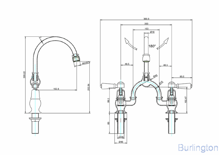 Смеситель для раковины на 2 отверстия с изогнутым изливом, с пробкой и цепочкой [KE27 BLA + W1]