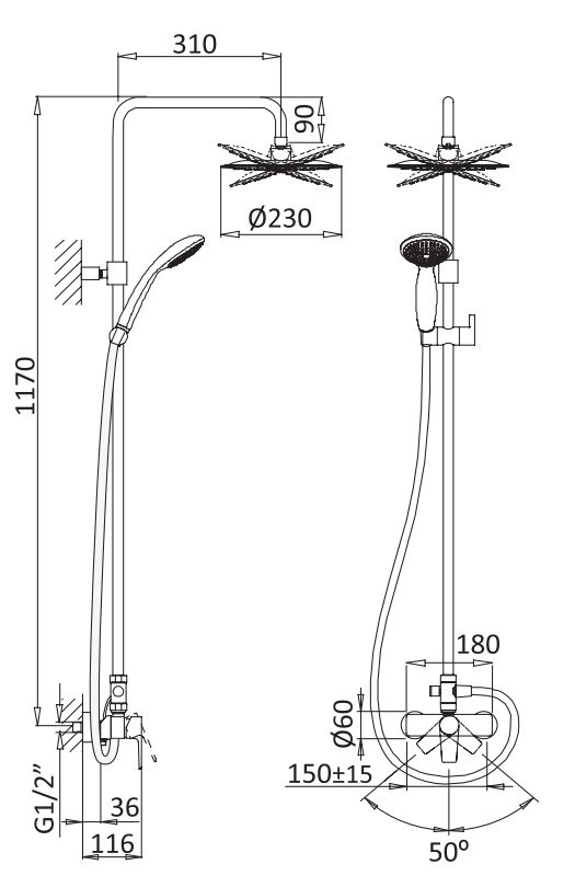 Душевая стойка со смесителем для верхнего и ручного душа Cezares NAUTIC-CD-25-SS