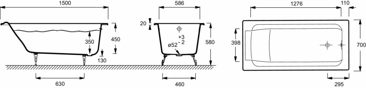 Ванна 150 х 70 см без отверстий для ручек Jacob Delafon PARALLEL E2946-00