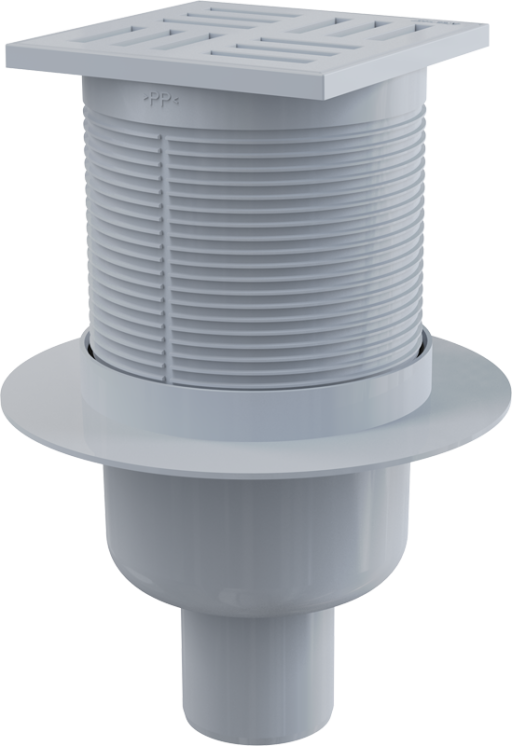 Сливной трап 105×105/50 мм прямой сток, решетка серая, гидрозатвор мокрый Alcadrain APV6111