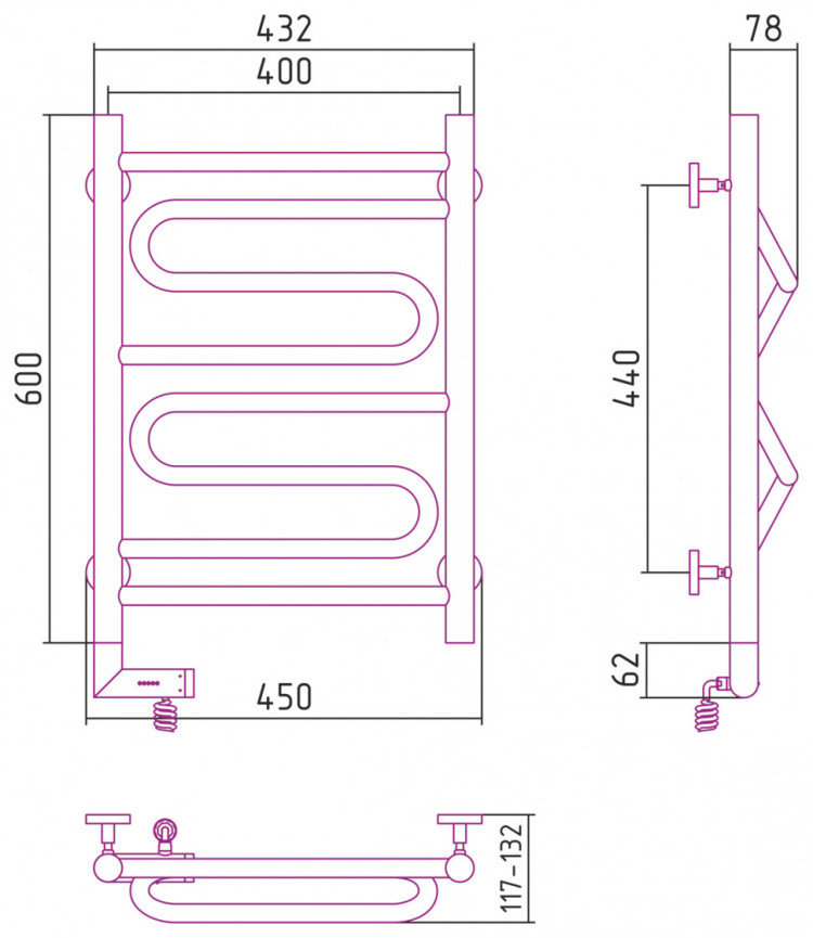 Полотенцесушитель электрический Сунержа Элегия 2.0 600х400 МЭМ левый Без покрытия