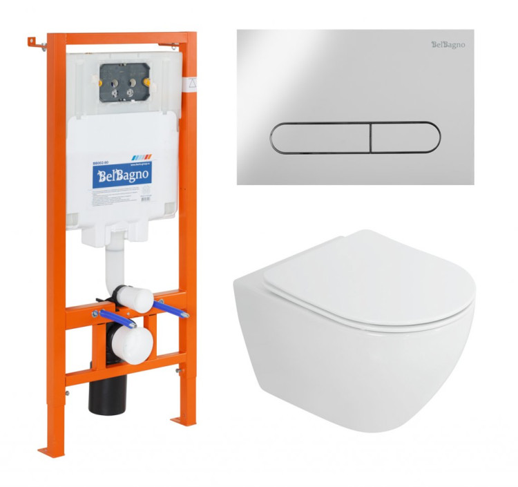 Унитаз подвесной с сиденьем BelBagno STYLUS-TOR + Система инсталляции для унитазов с кнопкой смыва BB005-PR-CH Cezares CZR-6601-TH-TOR/CZR2316SC/BB002-80/BB005-PR-CHROME