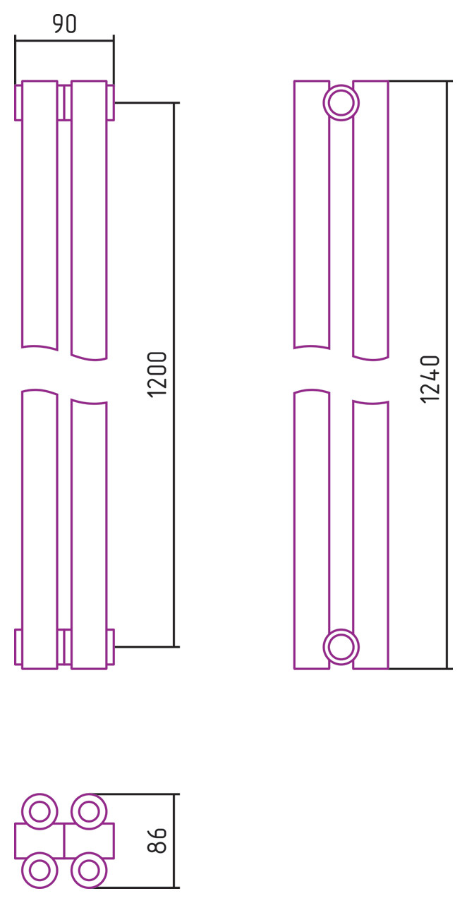 Отопительный радиатор Сунержа Эстет-00 1200х90 2 секции Матовый чёрный