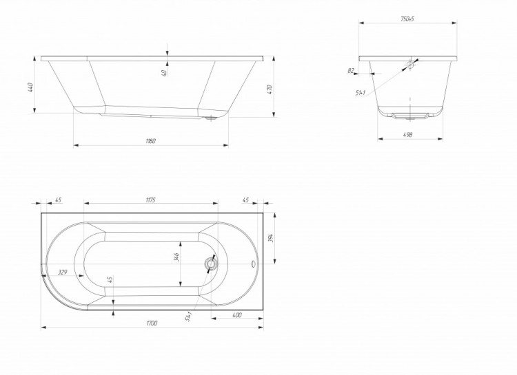 Ванна акриловая асимметричная 1Marka «ALISA MG» 170*75 R