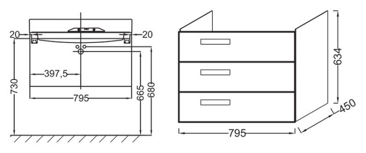 Тумба под раковину Jacob Delafon Rythmik 80x45 подвесная 3 ящика