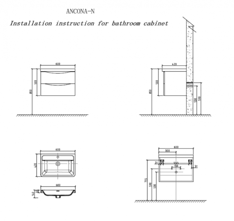 База под раковину подвесная с двумя выкатными ящиками, с доводчиками BelBagno ANCONA-N-600-2C-SO-BL
