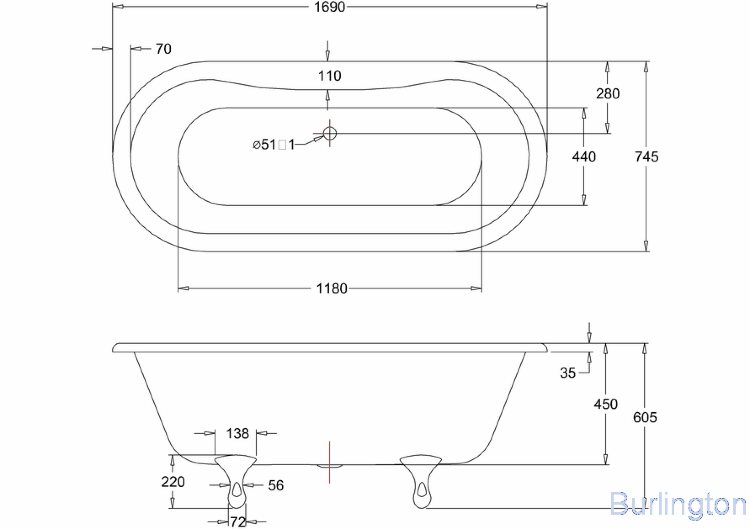 Ванна акриловая Windsor двусторонняя без ножек E3