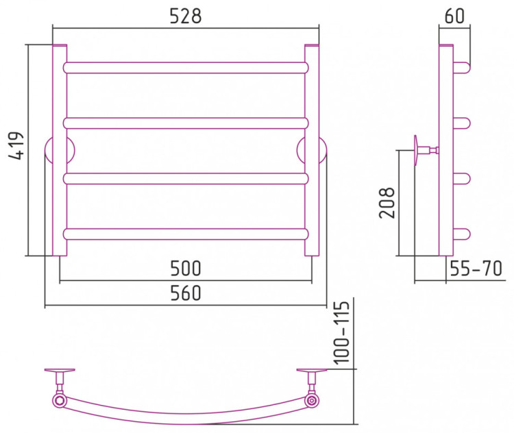 Полотенцесушитель водяной Стилье Универсал-50 500х500 (4) Г 21 Без покрытия