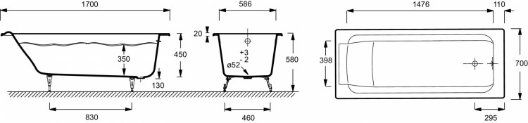 Ванна 170 х 70 см без отверстий для ручек Jacob Delafon PARALLEL E2947-00
