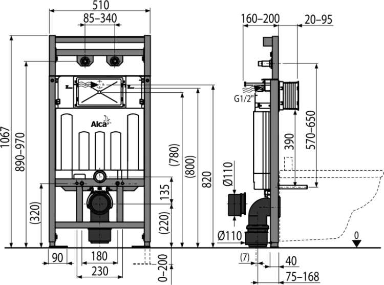 Монтажная рама с бачком для видуара и смесителя, со стоковым коленом DN90/110 Alcadrain A108F/1100