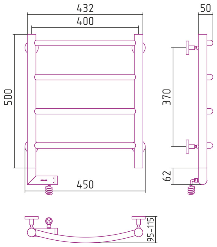 Полотенцесушитель электрический Сунержа Галант 2.0 500х400 МЭМ левый Без покрытия