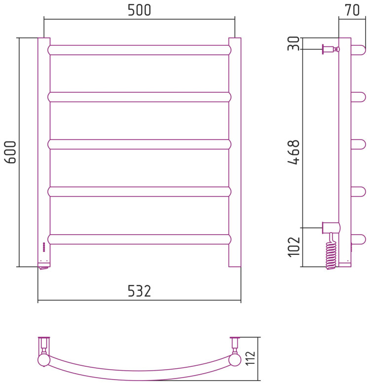 Полотенцесушитель электрический Сунержа Галант 4.0 600х500 МЭМ левый Без покрытия