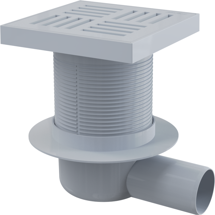 Сливной трап 150×150/50 мм боковой сток, решетка серая, гидрозатвор мокрый Alcadrain APV5211
