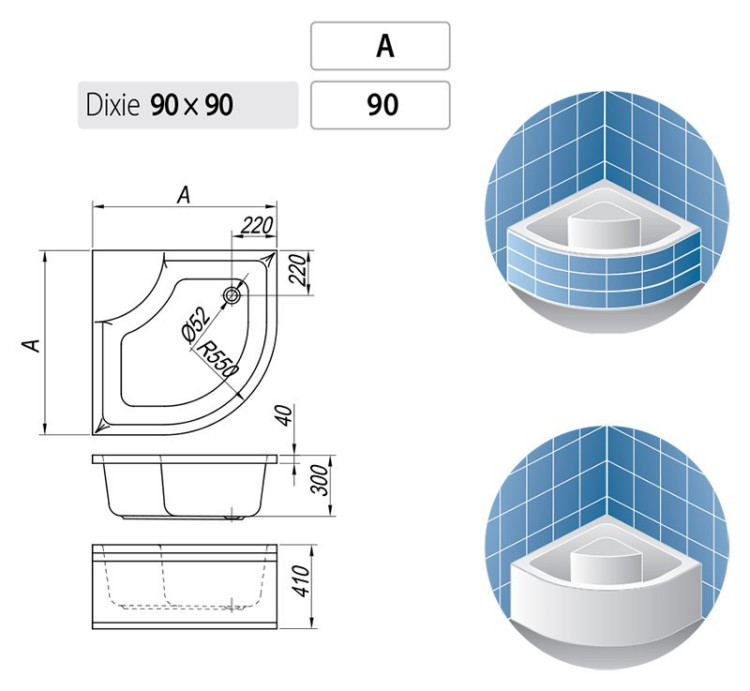 Акриловый поддон для душа Kolpa San Dixie Quat 90x90x41
