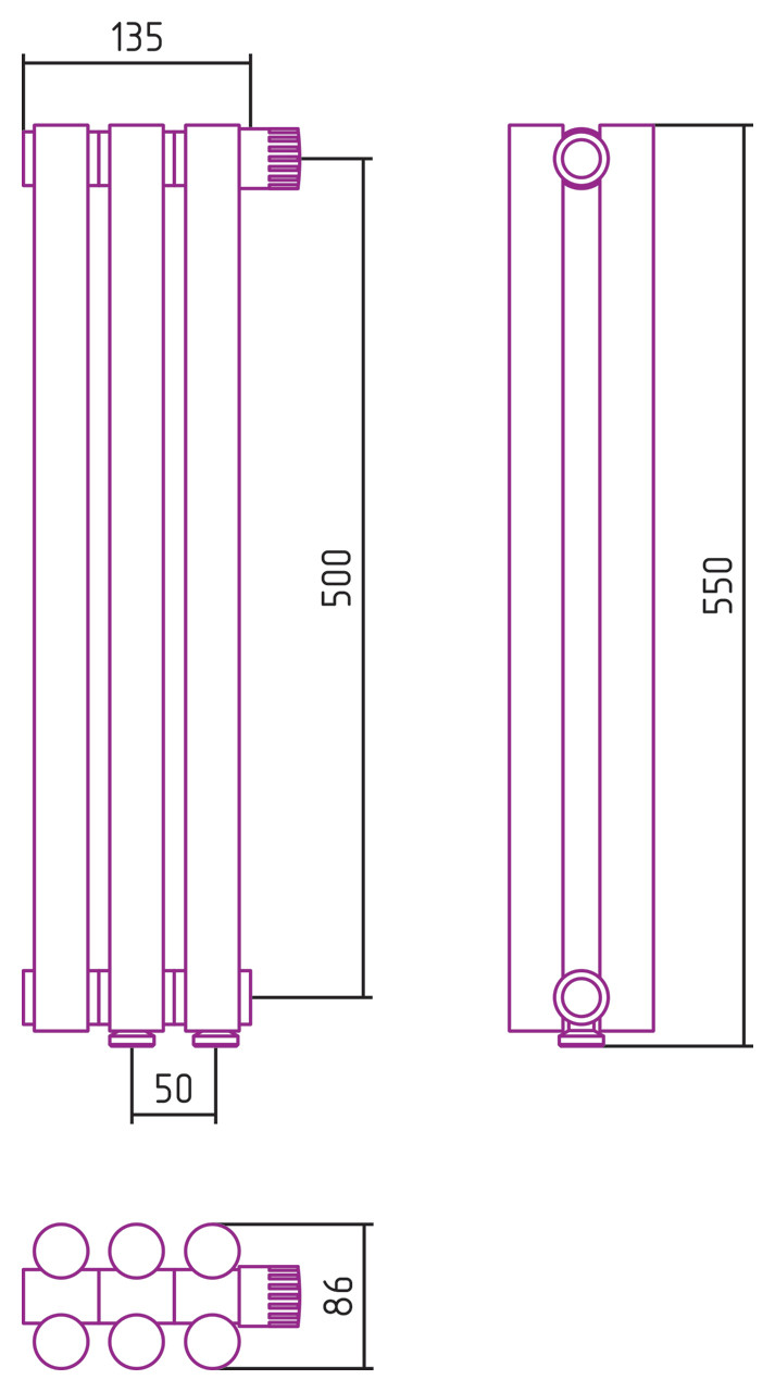 Отопительный радиатор Сунержа Эстет-11 EU50 500х135 3 секции Матовый белый
