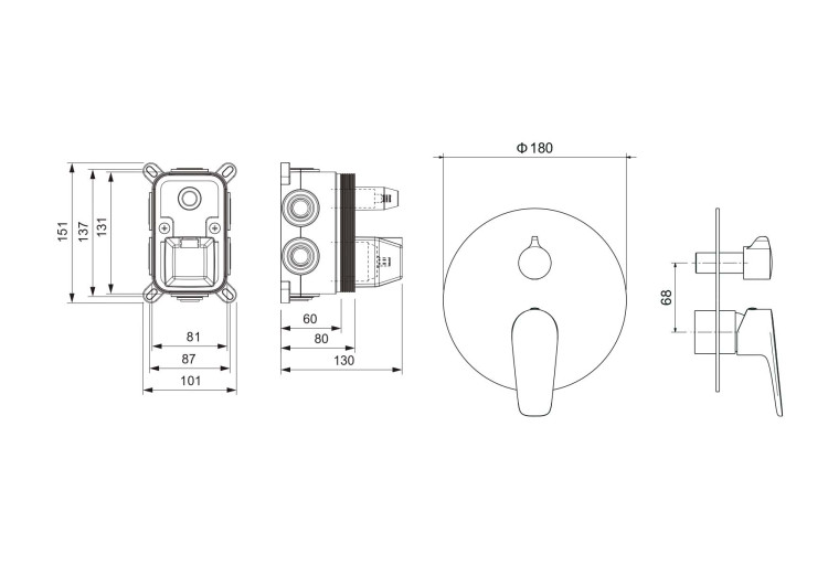 Смеситель для ванны, 3 режима (внешняя и скрытая часть) Aquatek, матовый черный AQ1147MB БЕТТА
