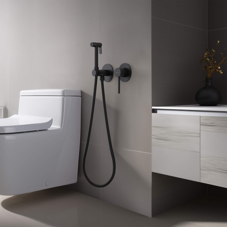 Комплект для гигиенического душа встроенный 2 отв. (смеситель + гигиеническая лейка + шланг) Aquatek, матовый черный AQ1319MB ЕВРОПА