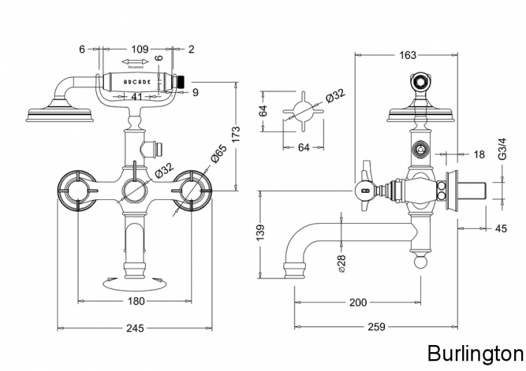Смеситель для ванны настенный, ручки - крестики, хром [ARC19 CHR]
