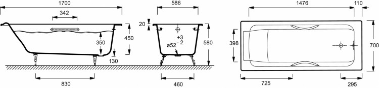 Ванна 170 х 70 см с отверстиями для ручек Jacob Delafon PARALLEL E2948-00
