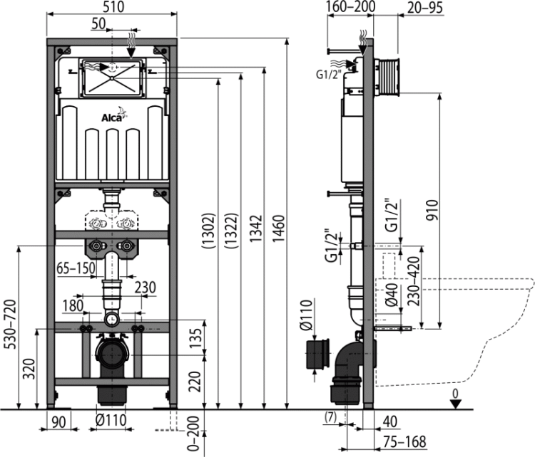 Монтажная рама с бачком для видуара и смесителя, со стоковым коленом DN90/110 Alcadrain A108F/1500