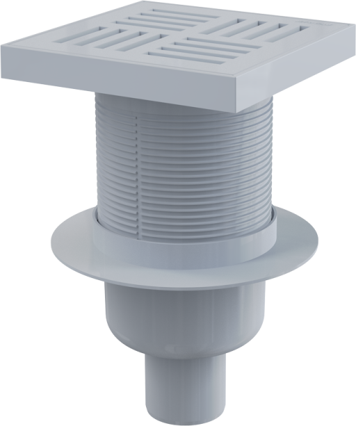 Сливной трап 150×150/50 мм прямой сток, решетка серая, гидрозатвор мокрый Alcadrain APV6211