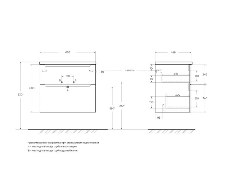 Столешница из МДФ с двумя отверстиями под раковину и с двумя отверстиями под смеситель, 1404x462x19 BelBagno EK-140-2-BL