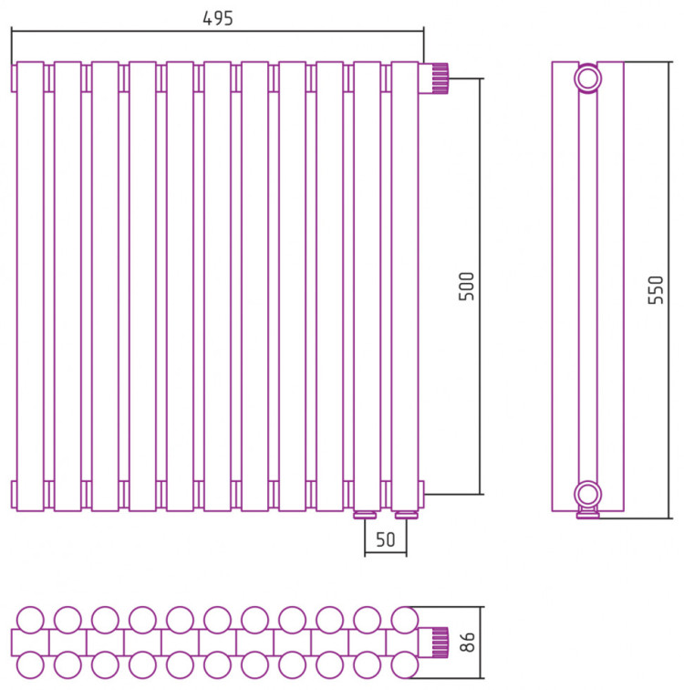 Отопительный радиатор Сунержа Эстет-11 EU50 500х495 11 секций Тёмный титан муар