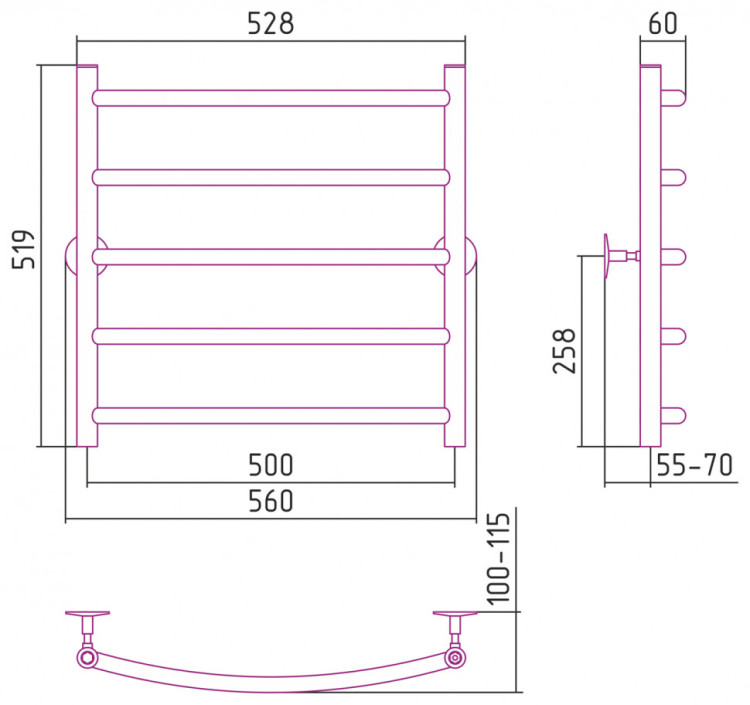 Полотенцесушитель водяной Стилье Универсал-50 600х500 (5) Г 21 Без покрытия