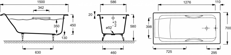 Ванна 150 х 70 см с отверстиями для ручек Jacob Delafon PARALLEL E2949-00