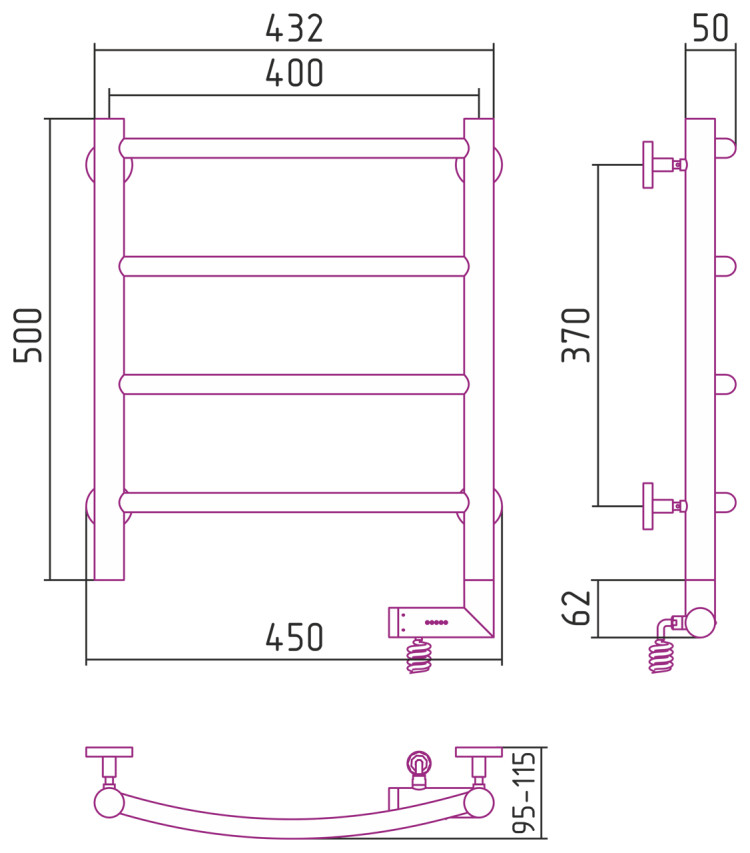 Полотенцесушитель электрический Сунержа Галант 2.0 500х400 МЭМ правый Без покрытия