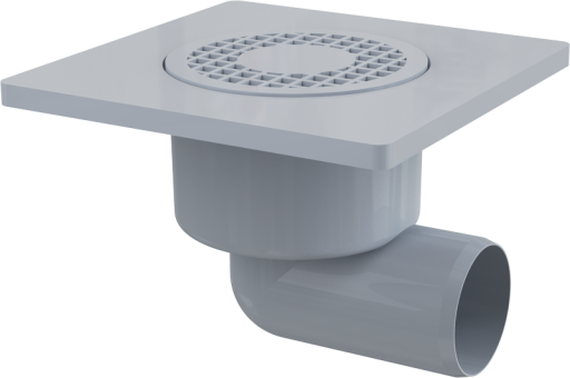 Сливной трап 150×150/50 мм боковой сток, решетка серая, гидрозатвор мокрый Alcadrain APV3