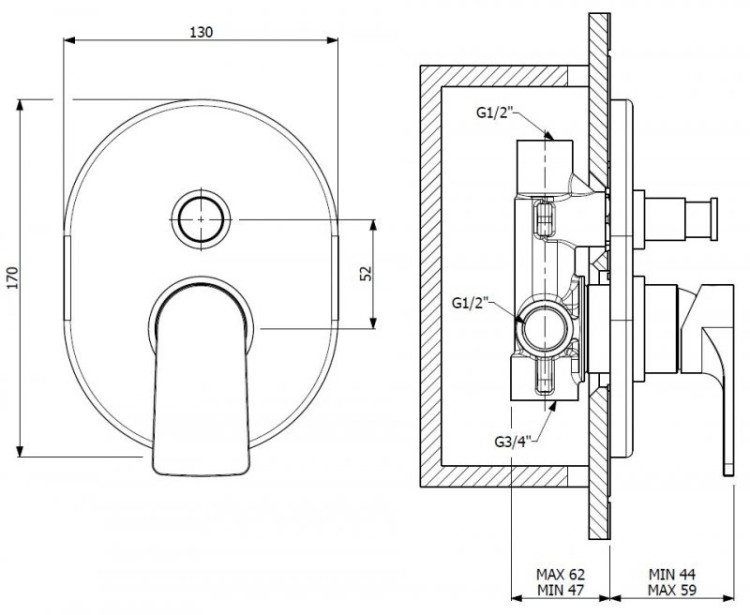 Встраиваемый однорычажный смеситель для душа с переключателем на 2 выхода Cezares LAGOS-VDIM-NOP