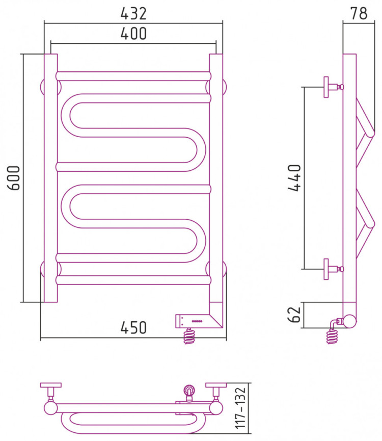 Полотенцесушитель электрический Сунержа Элегия 2.0 600х400 МЭМ правый Без покрытия