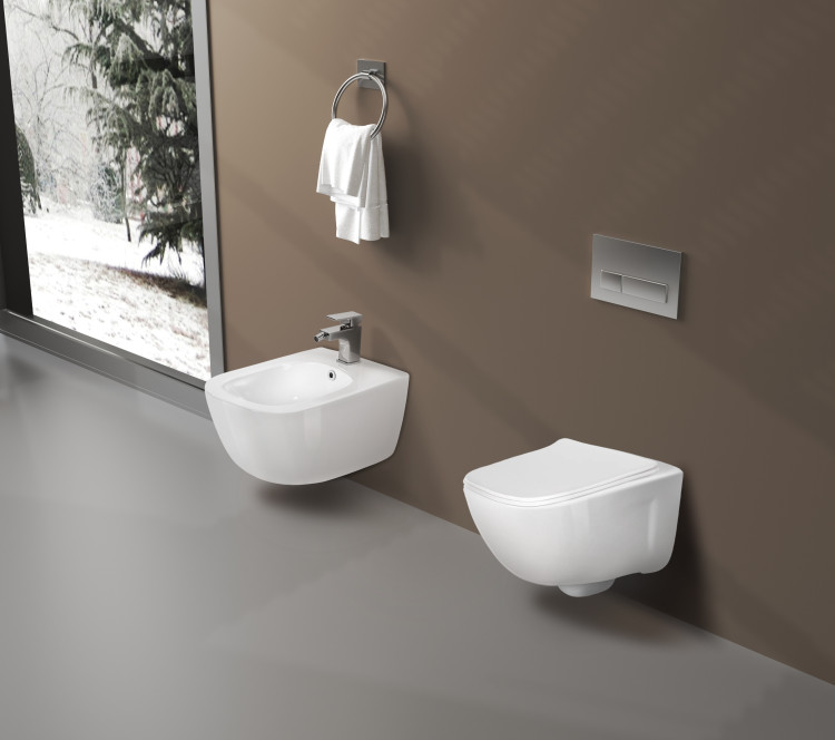 Унитаз подвесной с функцией биде безободковый фарфоровый Aquatek ДИВА AQ2012B-00 510*350*360 мм, горизонтальный выпуск, тонкое сиденье из дюропласта с механизмом плавного закрывания, крепеж