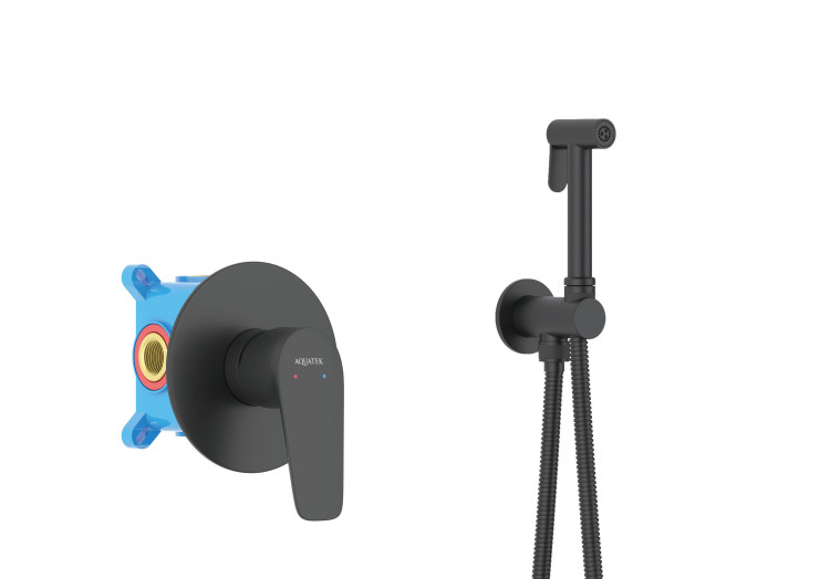 Набор с гигиеническим душем (смеситель + гигиеническая лейка + шланг + шланговое подсоединение с держателем) Aquatek, матовый черный AQ1119MB БЕТТА