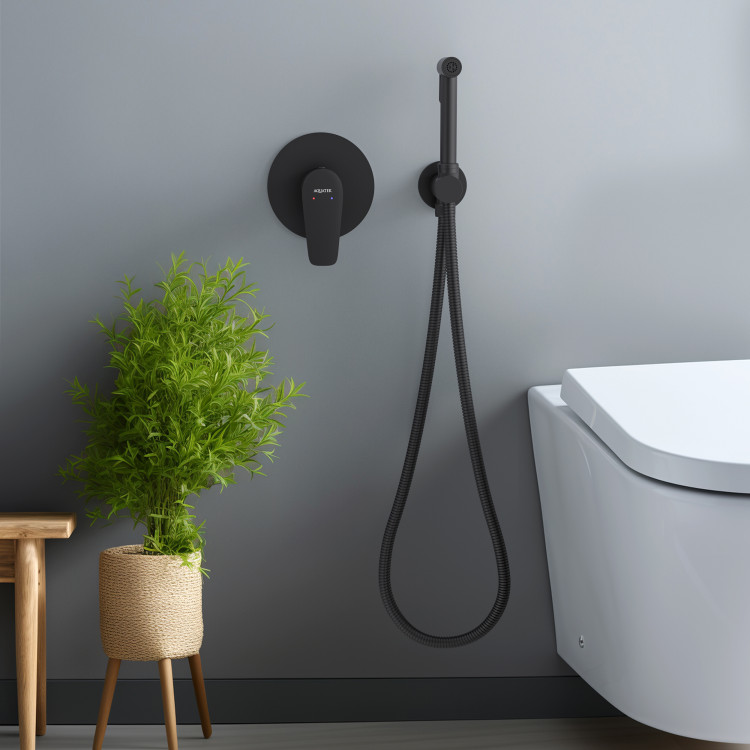 Набор с гигиеническим душем (смеситель + гигиеническая лейка + шланг + шланговое подсоединение с держателем) Aquatek, матовый черный AQ1119MB БЕТТА
