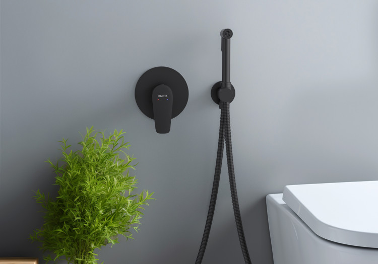 Набор с гигиеническим душем (смеситель + гигиеническая лейка + шланг + шланговое подсоединение с держателем) Aquatek, матовый черный AQ1119MB БЕТТА