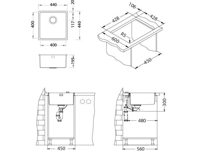 Мойка KOMBINO 30 KMB 90 FI 440X440 F/S в комплекте с сифоном 1130550,